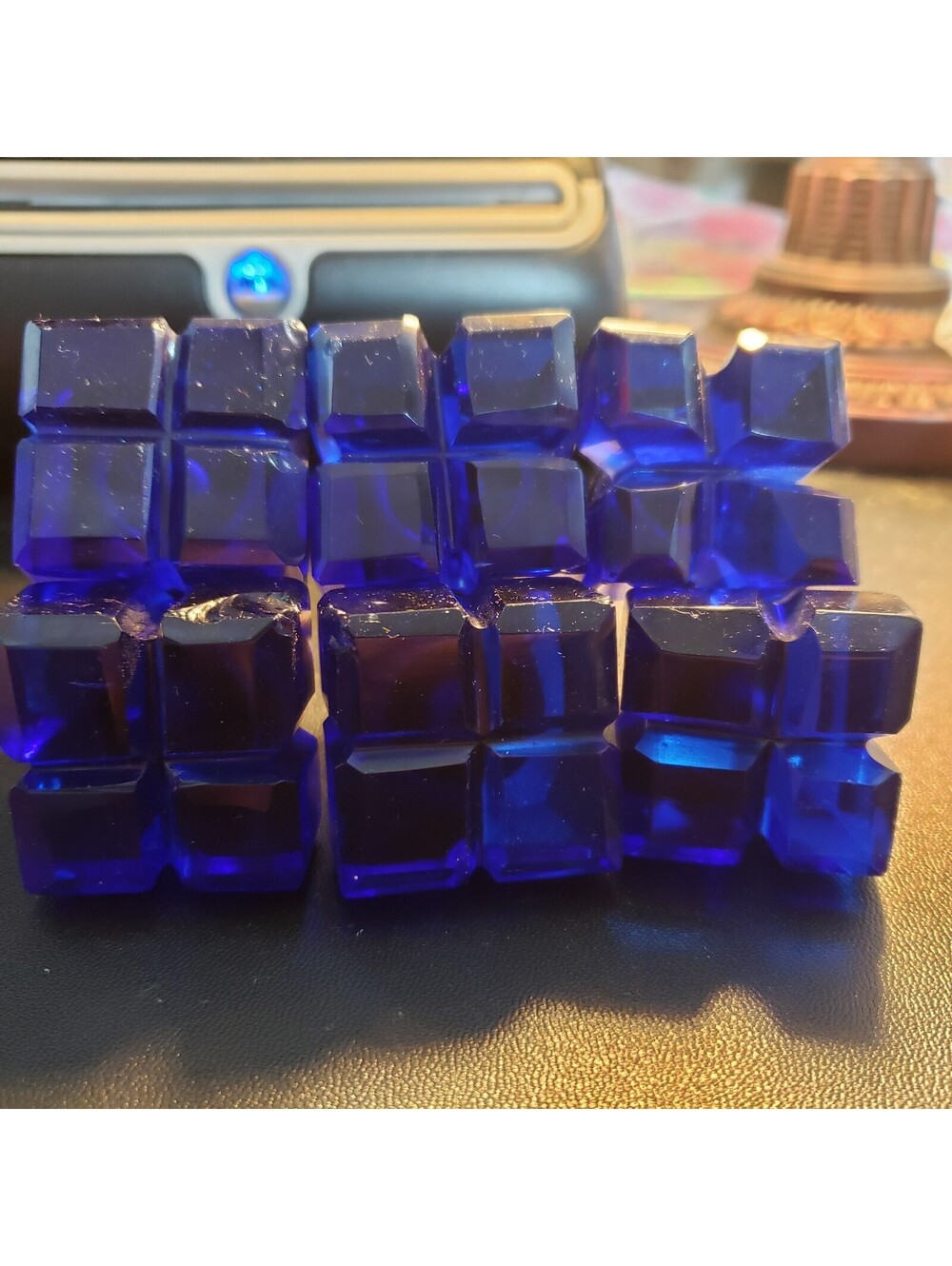 Vintage Cobalt Blue Cut Glass Square Drawer Knobs Pulls Brass Lot of 6